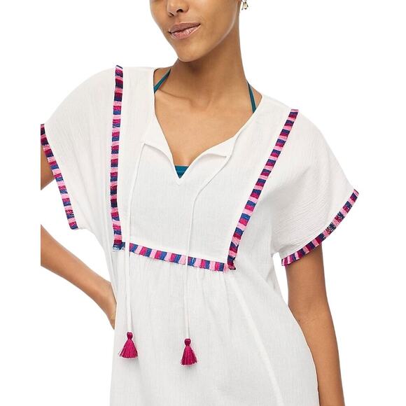 NWT J.Crew White Fringe Beach Tunic Cover-Up Multi Trim Tassel Size M - Picture 2 of 7